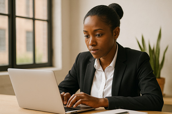 Verify | IASE Africa Regional Office African woman reviewing ESG scholarship application documents in a well-lit office